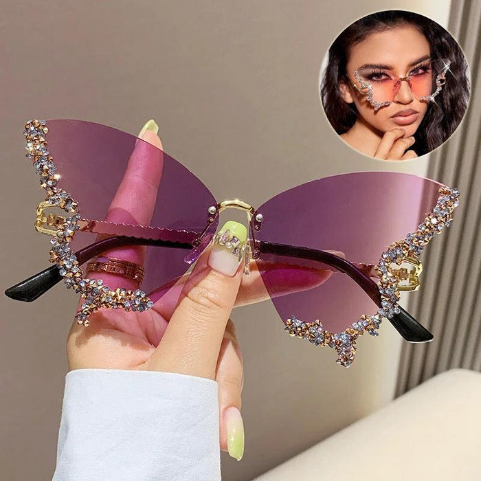 Mandotos luxury diamond butterfly sunglasses for women, Y2K vintage rimless oversized eyewear with stylish shades and elegant design.