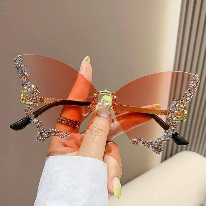 Mandotos luxury diamond butterfly sunglasses for women, Y2K vintage rimless oversized sun glasses, stylish ladies eyewear shades