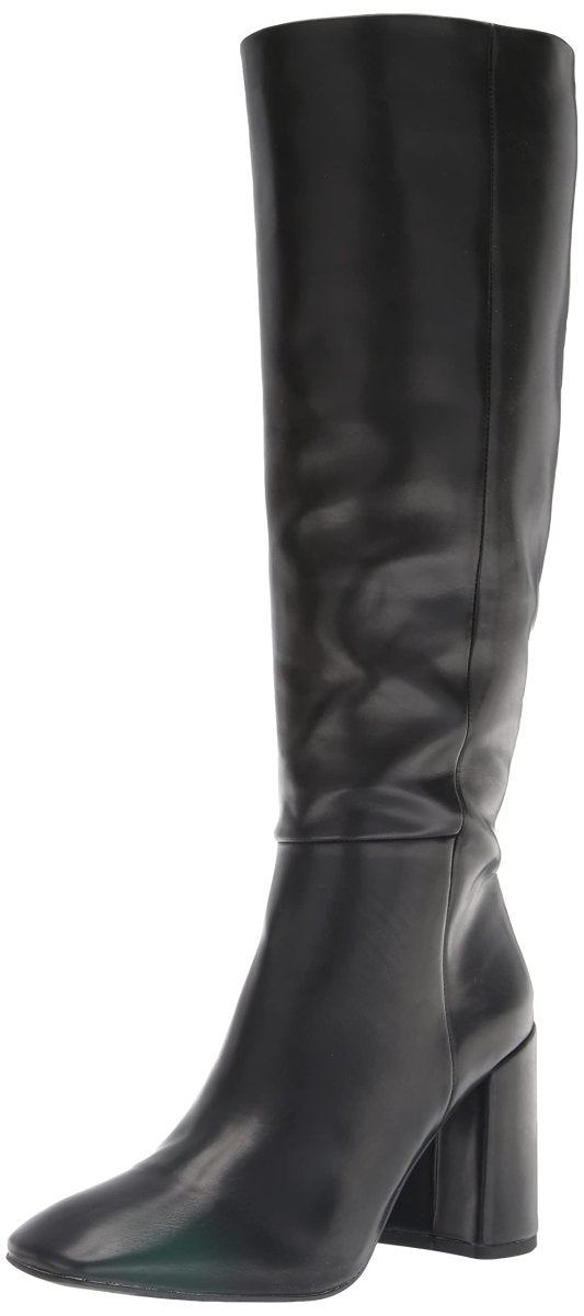 Black Madden Girl William knee-high boots by MANDOTOS INTERNATIONAL, featuring a sleek design and sturdy heel.