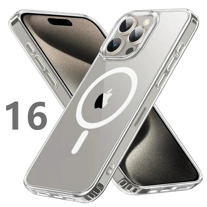 MagSafe compatible magnetic clear case for iPhone 16 to 11 Pro Max, showing the slim design and wireless charging compatibility.