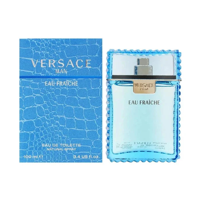 Mandotos International Versace Man Fresh Essence 3.4 oz EDT spray with sleek bottle and modern design.