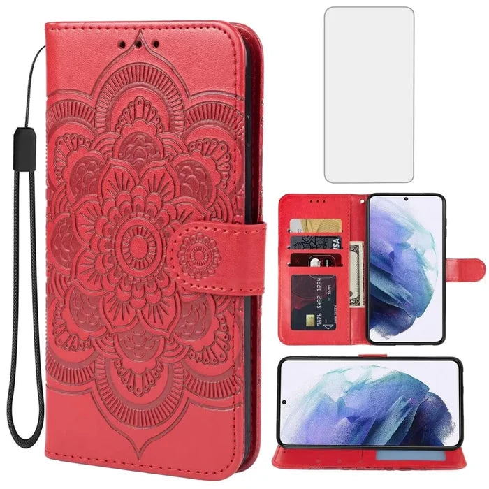 Mandotos International Mandala Red Wallet Case with screen protector for Galaxy S21, featuring card slots and stylish design.