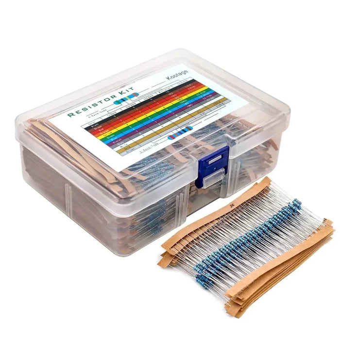 A set of 300/600 Aokin Mandotos 1% metal film resistors, 10 Ohm to 1M Ohm, with 30 different resistance values, quarter watt.