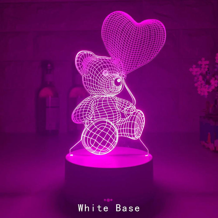 Mandotos 3D teddy bear LED night light with acrylic design, 16 color options, USB powered and remote control.
