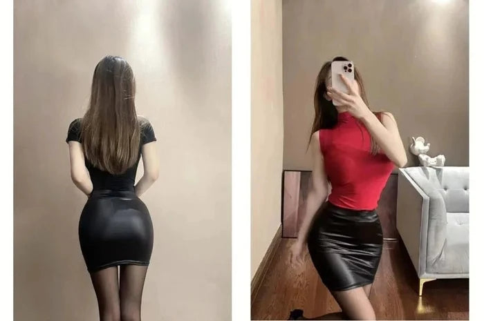Black imitation leather mini pencil skirt by Mandotos, high waist, Korean fashion for women, perfect for summer wear.