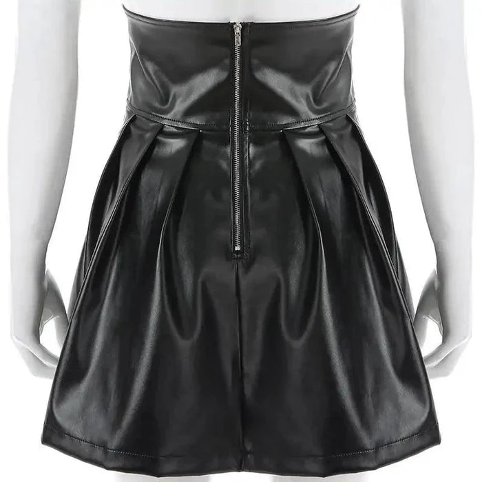 Mandotos black leather lace-up skirt with front detailing, stylish and fitted, designed for a trendy, edgy look.