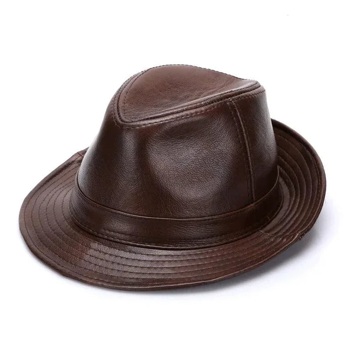 Mandotos brown leather cap made from premium cowhide in XL to XXXXL size, featuring a stylish, durable design with adjustable fit.
