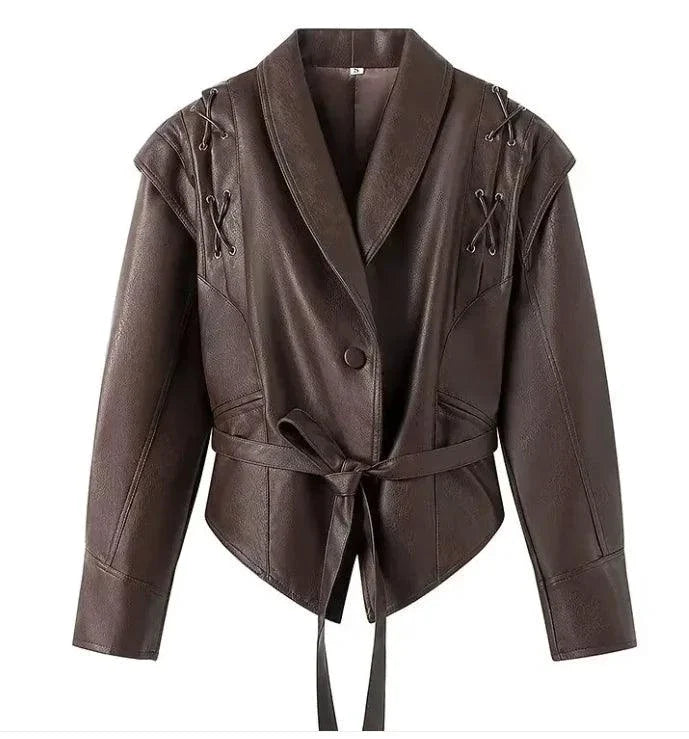 Mandotos women's casual long sleeve polyester coat in classic brown with a loose fit, stylish outerwear for everyday wear.