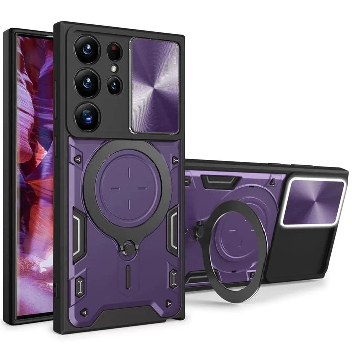 Mandotos CC Small S23 Ultra Armor Case in purple with rotatable ring for Galaxy S23 Ultra, showing the protective design and ring feature.