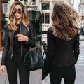 Mandotos chic faux leather zip-up jacket for women in black or brown, versatile outerwear with stylish detailing.