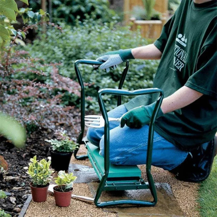 Mandotos Comfort Gardener Kneeler and Garden Stool with ergonomic foldable design for kneeling and back support in the garden.