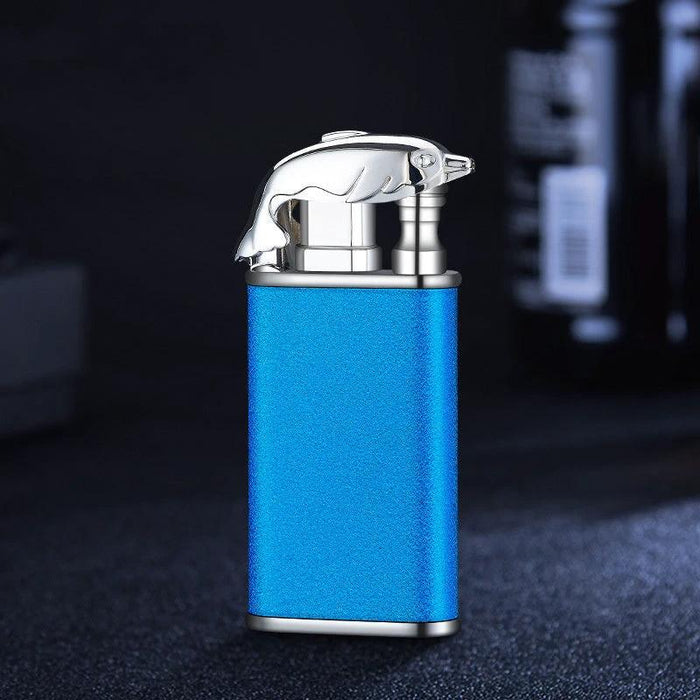 Mandotos creative blue flame lighter featuring dolphin, dragon, and tiger designs with metal windproof, double flame, refillable function.