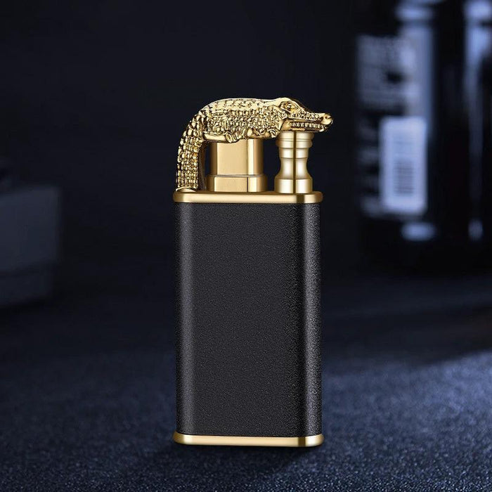 Mandotos creative blue flame lighter with dolphin, dragon, and tiger designs, windproof metal body, double flame, refillable.