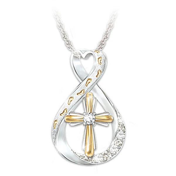 Mandotos Cross Footprint Diamond Pendant Necklace with two-tone design, featuring a cross and footprint details, on a sleek chain.