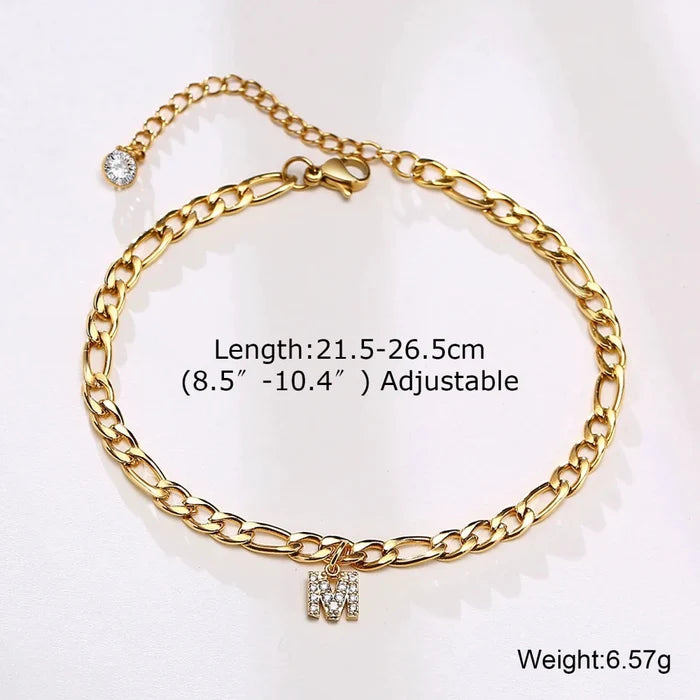Mandotos Crystal A-Z letter initial anklet for women, Cuban link stainless steel beach anklet with sparkling crystal accents.