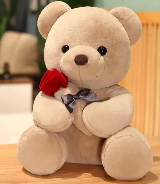 Mandotos Cuddly Rose Teddy Pillow with red rose detail and plush bear in 25, 35, or 45 cm size, soft and decorative gift.