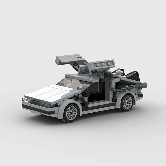 Mandotos DeLorean Time Travel Set with 214 gray building pieces for detailed model construction and imaginative play.
