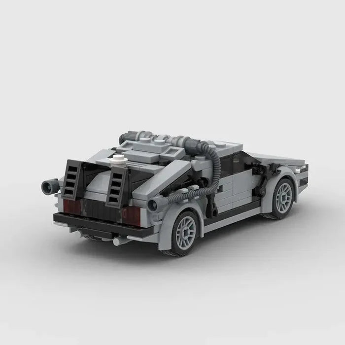 Mandotos DeLorean time travel set with 214 gray pieces, featuring detailed model parts for building a DeLorean replica.