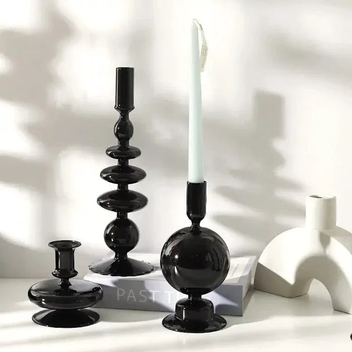 Mandotos black glass candlestick holder with elegant Rue design, perfect as table decor or a stylish gift centerpiece.