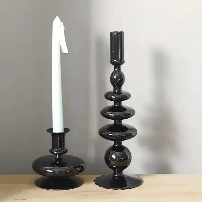 Mandotos Elegant Rue glass candlestick holder in black glass, perfect as a table decor centerpiece or gift idea.