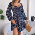 Mandotos floral print lantern sleeve dress in red with tie square neck and A-line long sleeves, stylish and elegant for occasions.