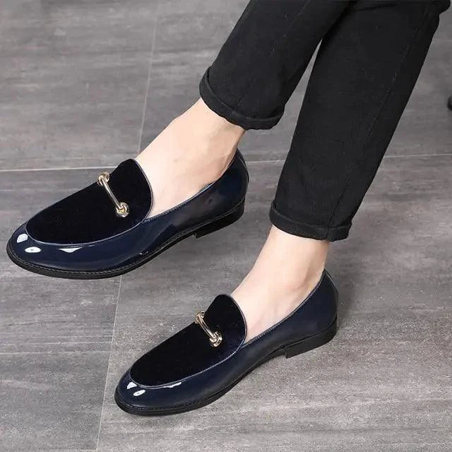 Mandotos men's navy leather loafers, slip-on dress shoes with premium leather construction and classic style.
