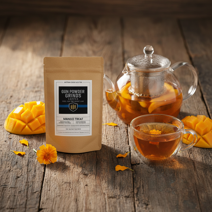 Gun Powder Grinds Mango Treat with brewing setup