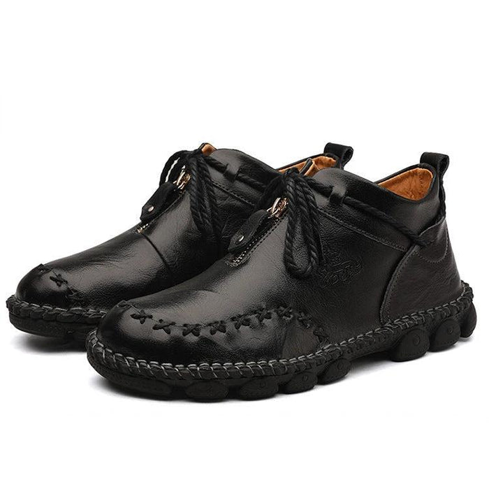 Mandotos men's leather British short boots with hand-stitched detailing, retro style, large size, and classic design.