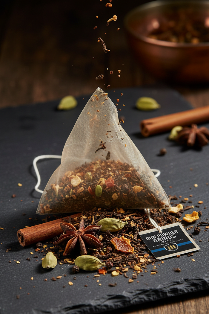 Masala Chai close-up with tea spilling