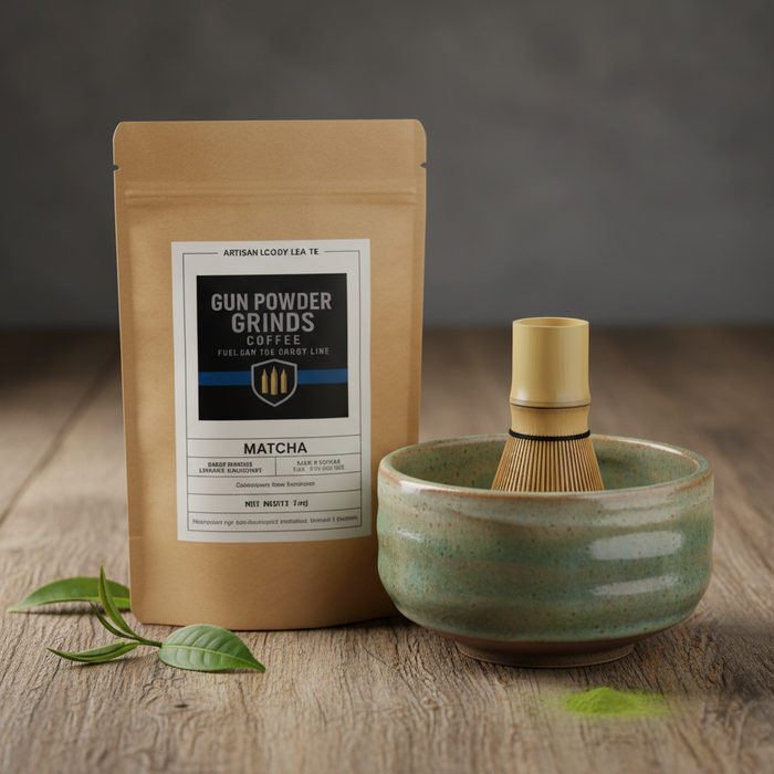 Gun Powder Grinds Matcha with traditional bowl and whisk