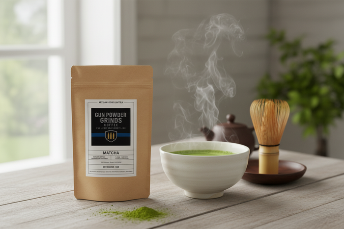 Gun Powder Grinds Matcha with steaming cup and whisk