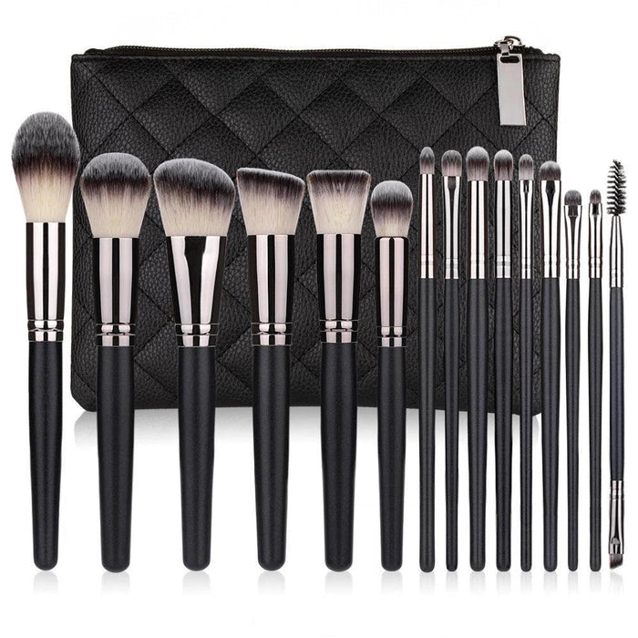 Mandotos matte black makeup brush set with 15 essential brushes for flawless makeup application, displayed on a white surface.