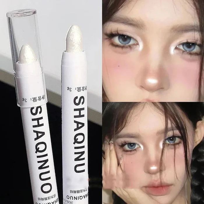 Mandotos matte eyeshadow stick with white eyeliner and shimmer silver highlighter in a cream formula, displayed on a neutral background.