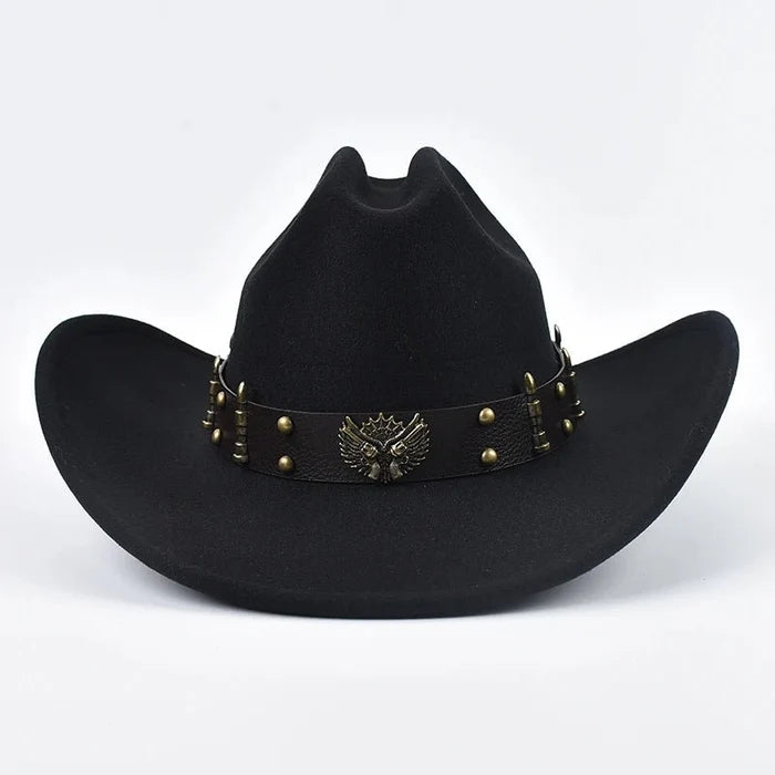 Men and women wearing vintage leather western cowboy hats with big brims, classic cloche-style design by MANDOTOS INTERNATIONAL.