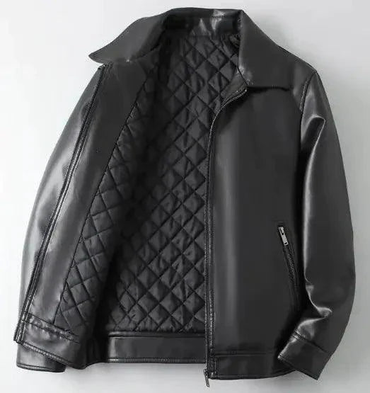 Men's autumn-winter leather sports jacket by MANDOTOS, featuring a sleek design with zipper closure and ribbed cuffs.