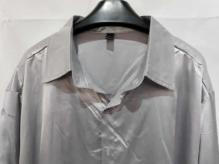 Mens black satin dress shirt by Ancient Energy, featuring a sleek, smooth fabric and classic collar design.