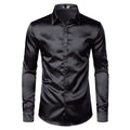 Men's black satin dress shirt by Ancient Energy, featuring a sleek, smooth fabric and classic collar style.