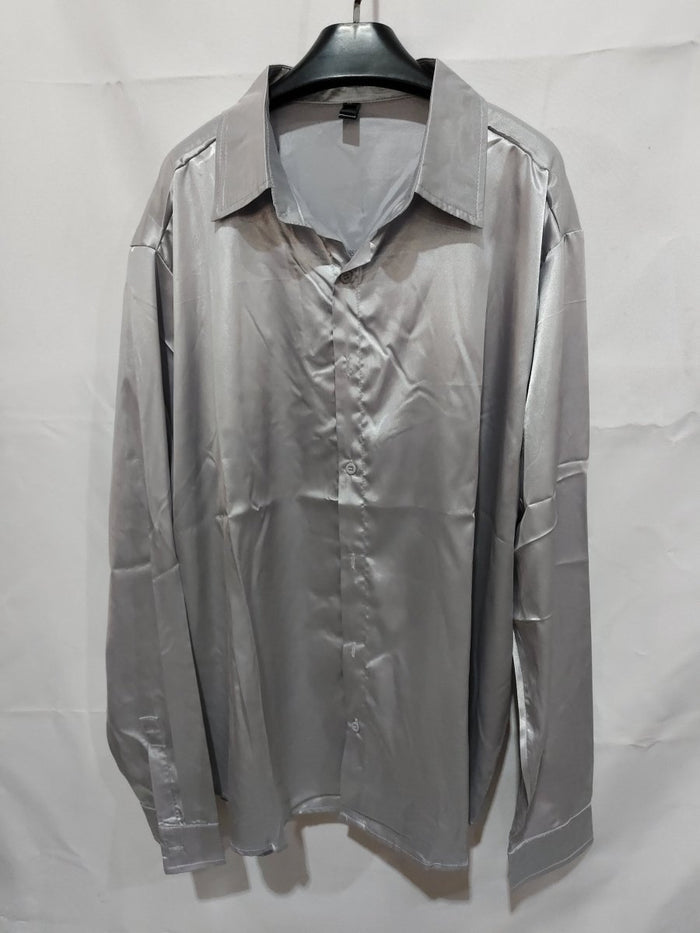 Mens black satin dress shirt by Ancient Energy, tailored fit with a sleek, smooth fabric and classic collar design.