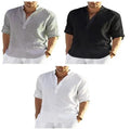 Men's casual cotton linen long sleeve shirt with a loose fit and stand collar by MANDOTOS, in a solid color.