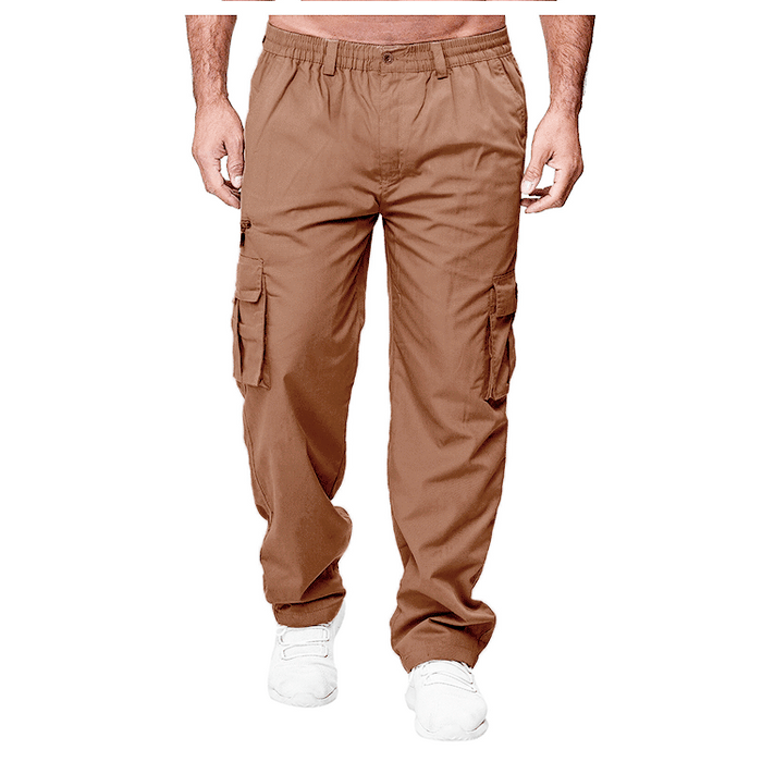 Men's casual cargo pants by Ancient Energy with multiple pockets, loose fit, and straight-leg design, shown in dark fabric.
