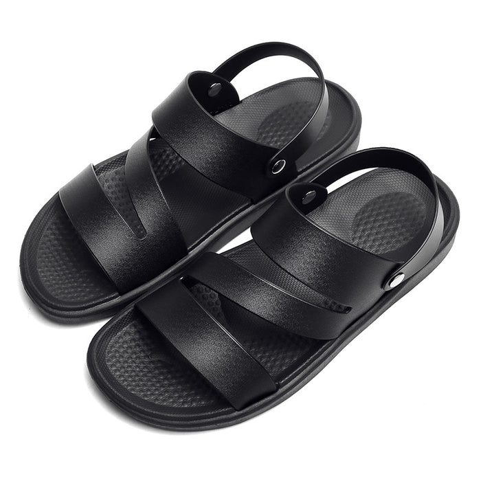 Men's Coastal Walk Sandals by MANDOTOS INTERNATIONAL with tan straps and cushioned sole, ideal for casual summer wear.