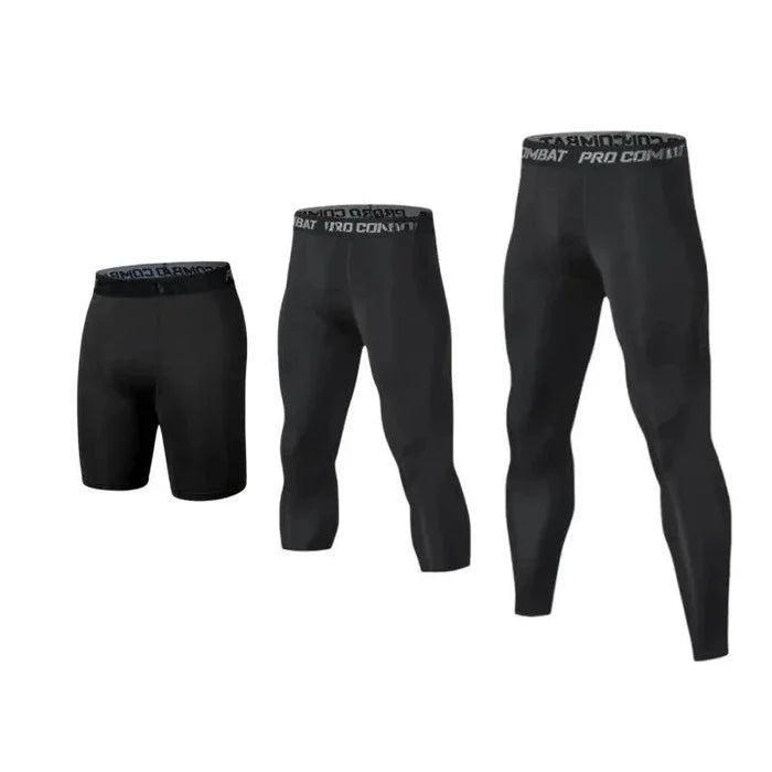 Mandotos men's compression pants in black, featuring sleek athletic design and breathable fabric for running and workout activities.