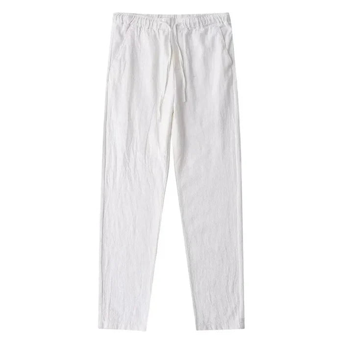 Men's cotton linen pants by MANDOTOS, lightweight and comfortable, shown in a natural fit with a neutral color.