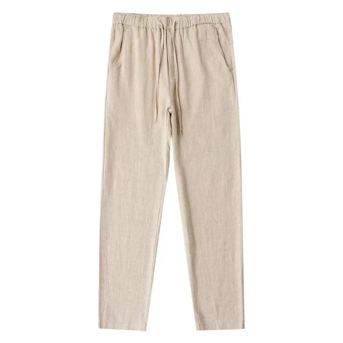 Men's cotton linen pants by MANDOTOS, lightweight and breathable, shown in a relaxed fit with a neutral color.