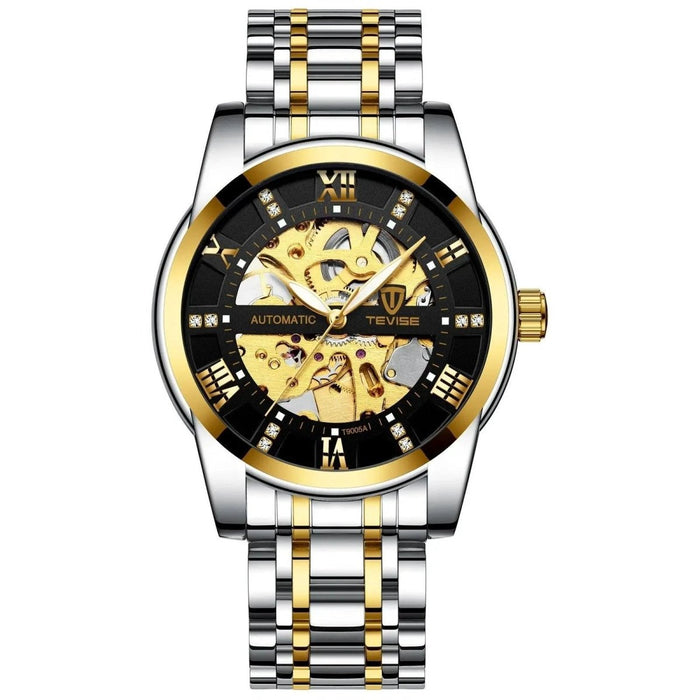 Mandotos men's fashion automatic mechanical watch with hollow design, waterproof features, and stylish dial.