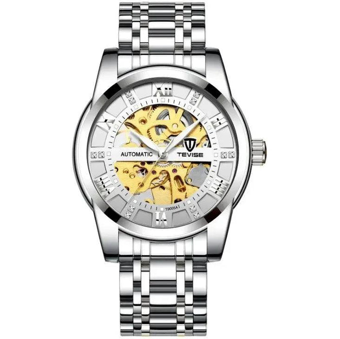 Mandotos men's fashion automatic mechanical hollow watch with waterproof design, stylish black dial, and silver case.