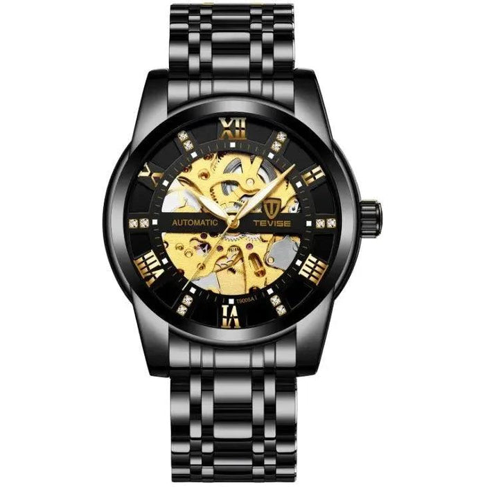Mandotos men's fashion automatic mechanical watch with hollow design and waterproof feature, showcasing a sleek, stylish timepiece.