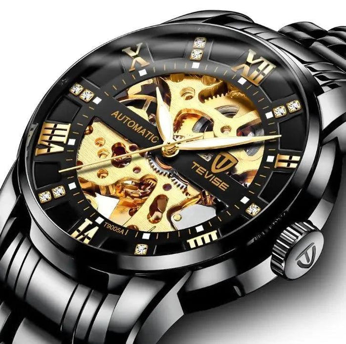 Mandotos men's fashion automatic mechanical watch with hollow dial, waterproof design, suitable for stylish men.