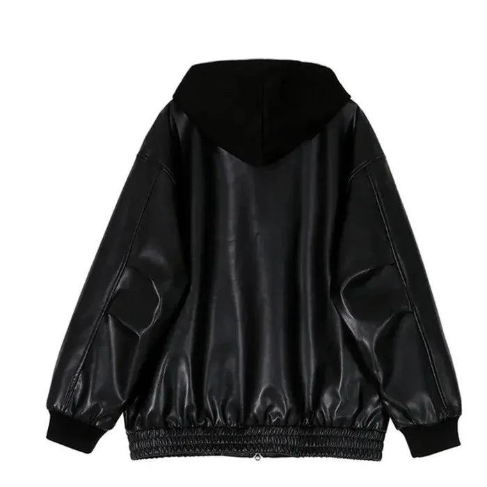 Men's hooded leather jacket by MANDOTOS, featuring a stylish design with a hood and classic leather texture.
