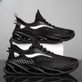 Men's black lace-up sneakers by MANDOTOS with mesh upper, hollow sole, and low-top design, suitable for running and sports activities.